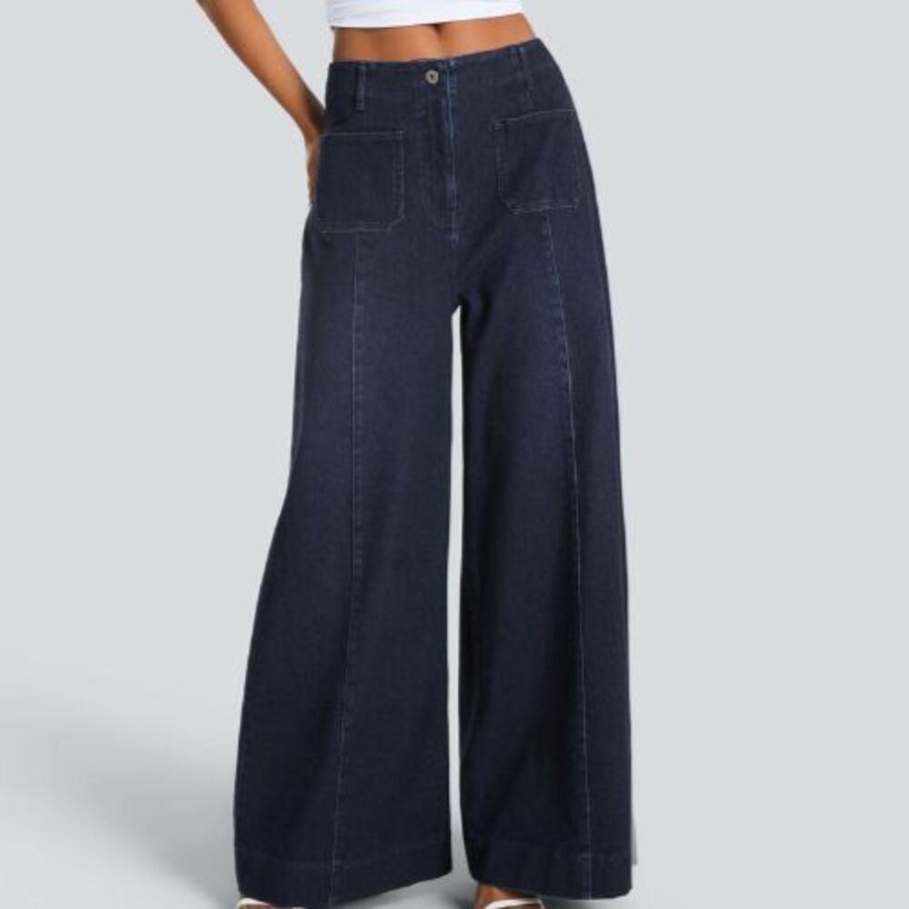 Halara Flex Stretch Knit Denim High Waist Wide Leg Front Pocket Jeans Size Large
